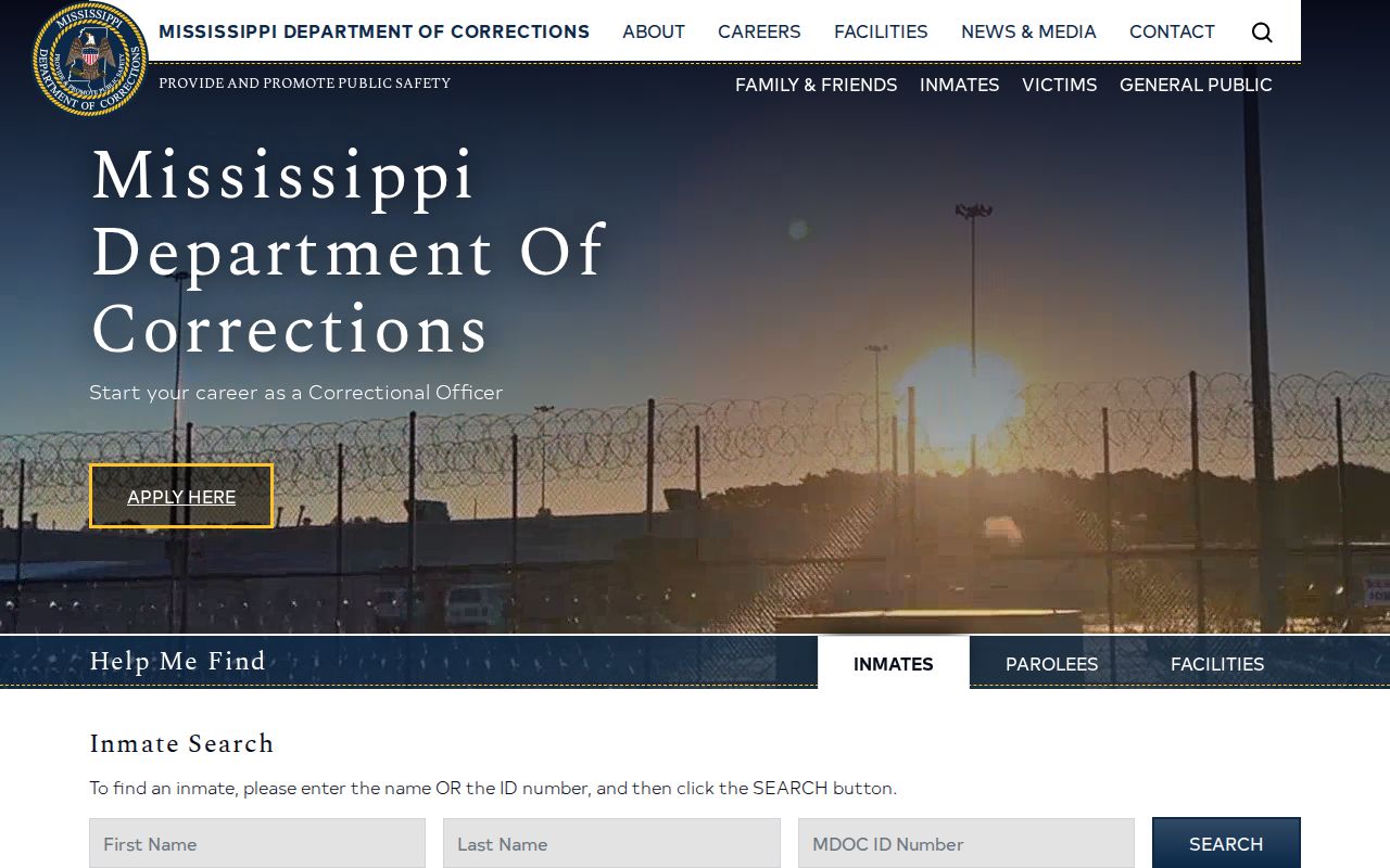 Mississippi Department of Corrections offender search interface for Union County state custody checks