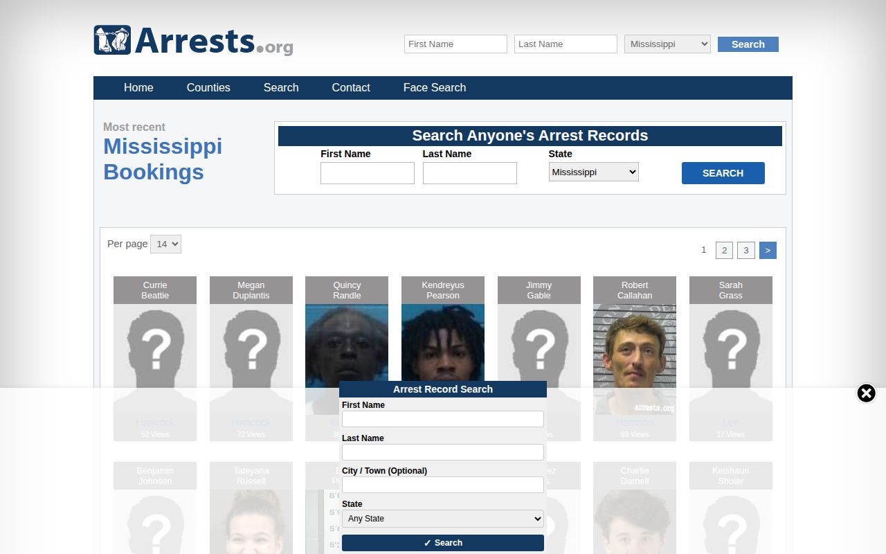 Union County arrest-record coverage on the Mississippi Arrests.org interface needs verification